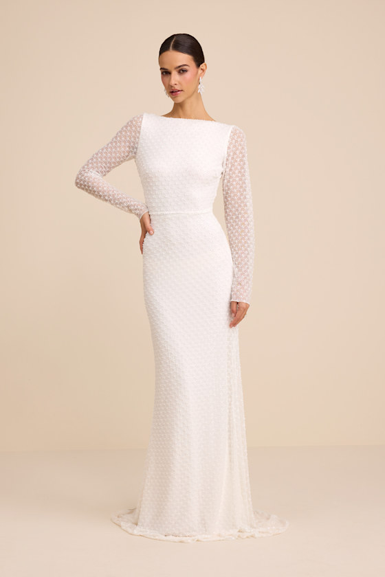 Mariani White Sequin Beaded Backless Long Sleeve Maxi Dress Dress - EJIACHE