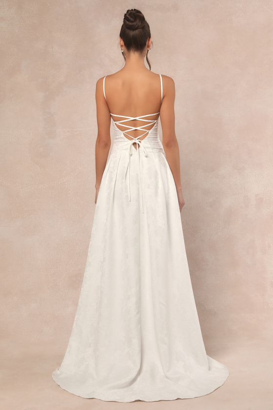 Arabella White Jacquard Basque Waist Maxi Dress Dress - EJIACHE