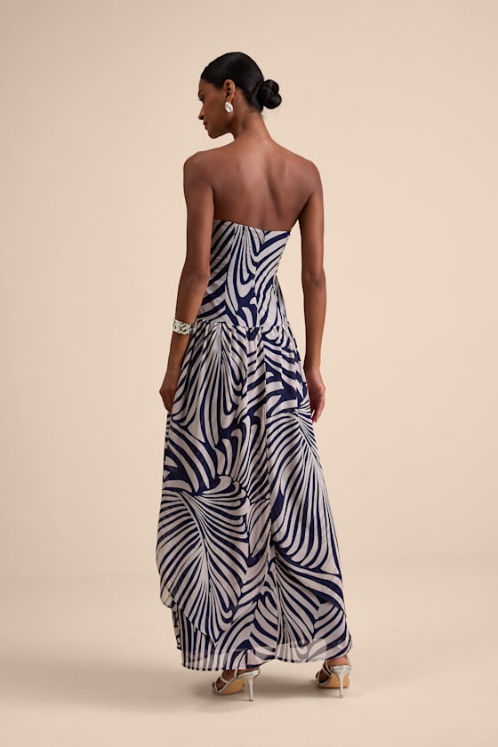 Calista Navy Print Ruched Drop Waist Maxi Dress Dress - EJIACHE