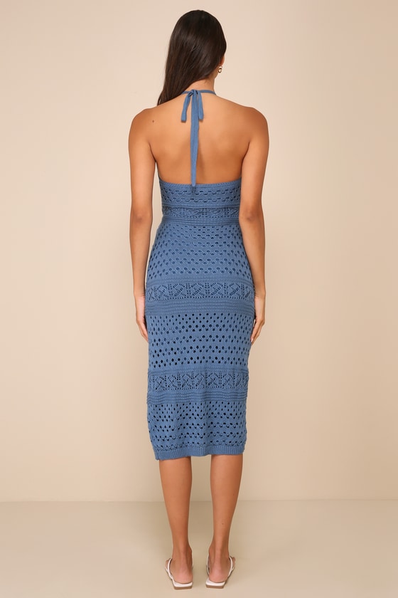 Blissful Strolls Slate Blue Crochet Faux-Wrap Halter Midi Dress Dress - EJIACHE