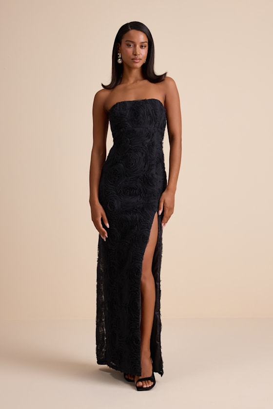 Amalia Black Textured Strapless Maxi Dress Dress - EJIACHE