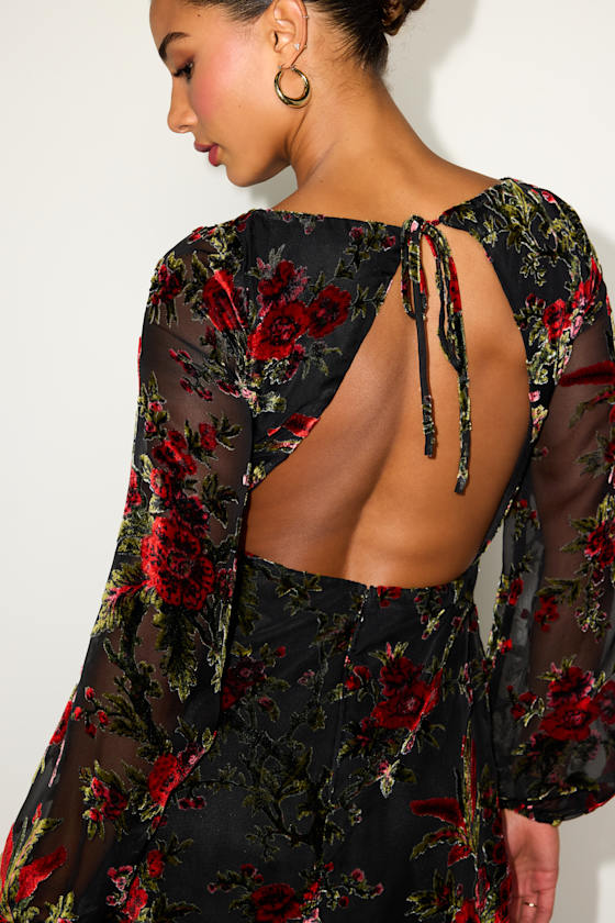 Marwella Black Burnout Velvet Backless Long Sleeve Mini Dress Dress - EJIACHE