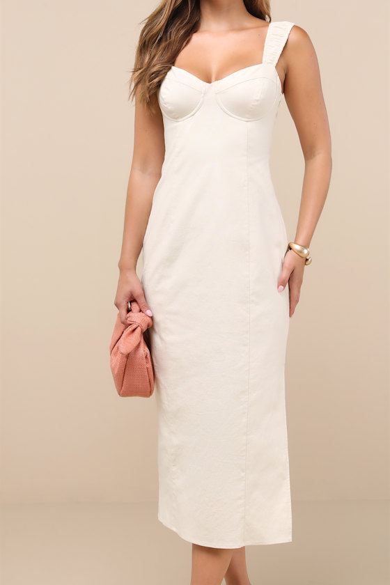 Amyra Cream Cap Sleeve Bustier Midi Dress Dress - EJIACHE