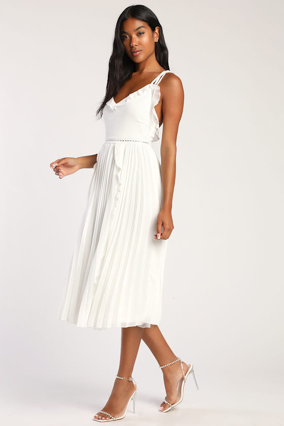 Never a Dull Moment White Tie-Strap Pleated Midi Dress Dress - EJIACHE