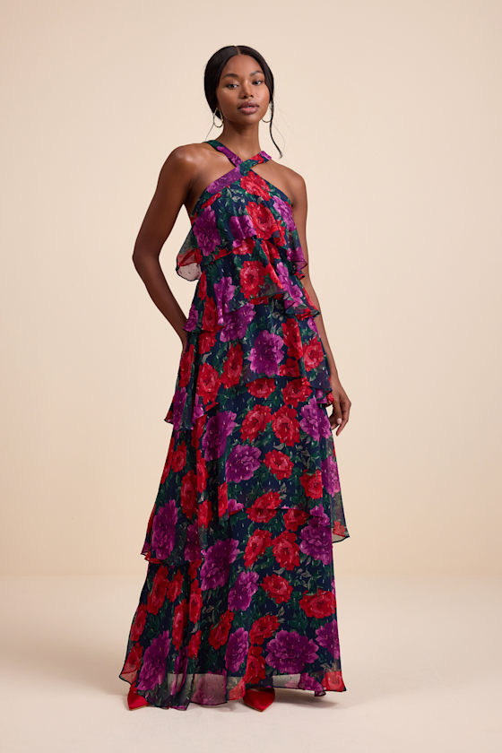 Allegria Navy Floral Clip Dot Tiered Backless Maxi Dress Dress - EJIACHE