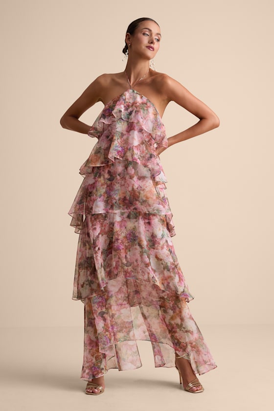 Melody Pink Floral Tiered Halter Maxi Dress Dress - EJIACHE