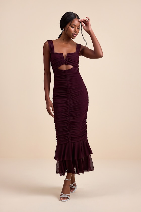 Aelara Dark Plum Mesh Ruched Trumpet Midi Dress Dress - EJIACHE