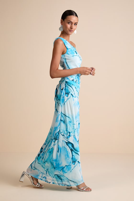 Jojo Light Blue Marbled Ruched One-Shoulder Maxi Dress Dress - EJIACHE