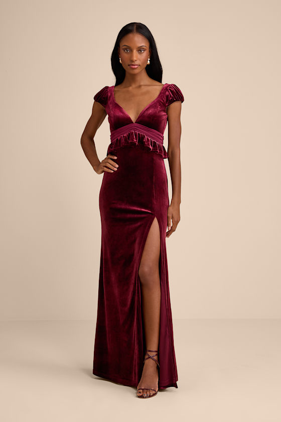 Romari Burgundy Velvet Ruffled Puff Sleeve Bow Maxi Dress Dress - EJIACHE