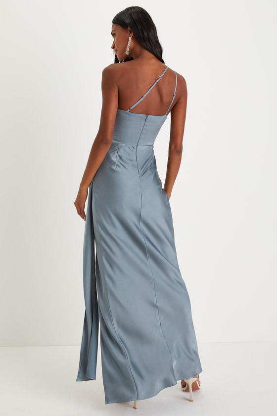 Signature Elegance Slate Blue Satin One-Shoulder Maxi Dress Dress - EJIACHE