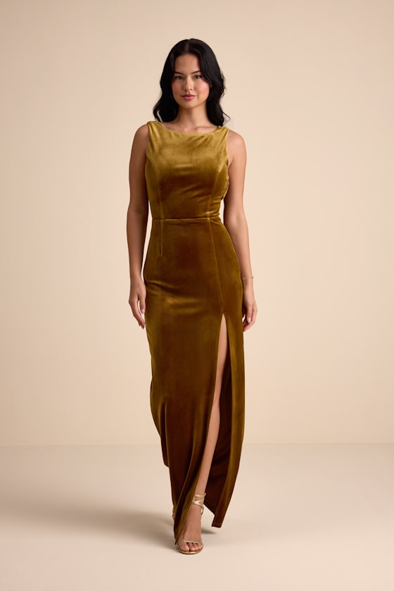 Zoraia Olive Velvet Cowl-Back Sleeveless Maxi Dress Dress - EJIACHE