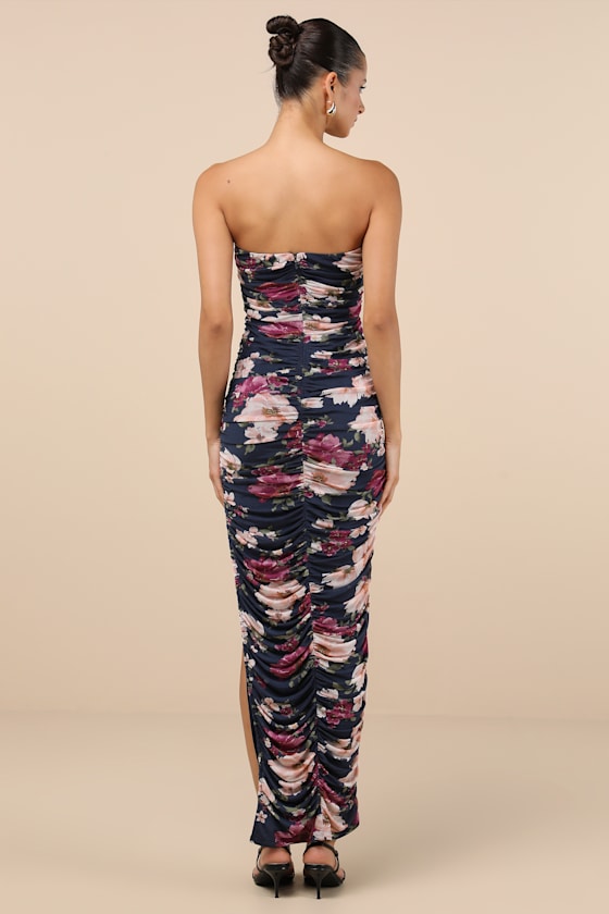 Averie Navy Floral Mesh Strapless Maxi Dress Dress - EJIACHE