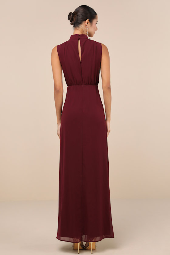 Classic Elegance Plum Chiffon Sleeveless Mock Neck Maxi Dress Dress - EJIACHE