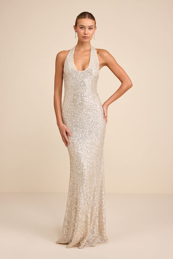 Velenia Champagne Sequin Halter Mermaid Maxi Dress Dress - EJIACHE