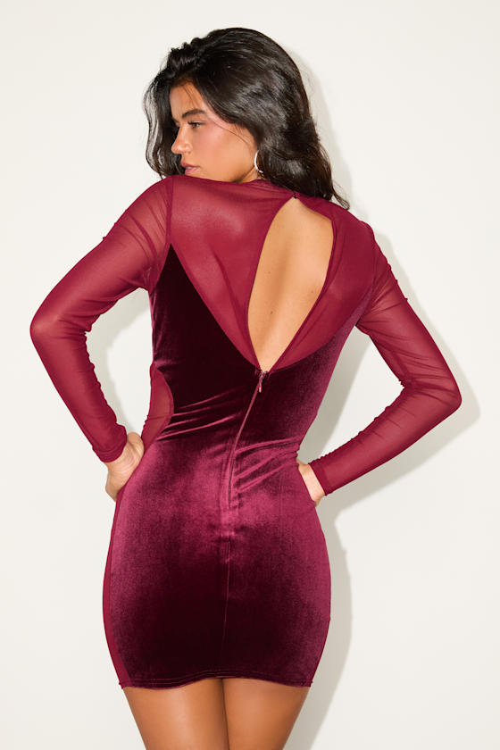 Irresistible Details Burgundy Velvet Mesh Long Sleeve Mini Dress Dress - EJIACHE