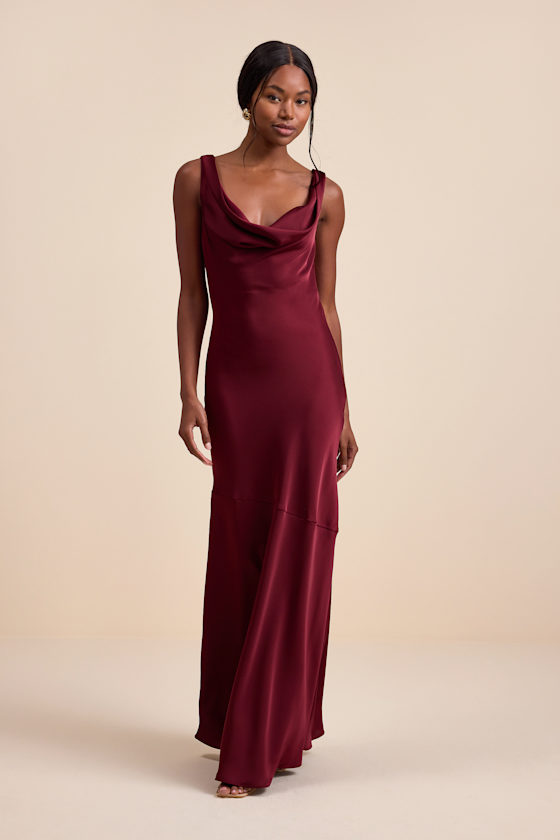 Aernah Wine Red Satin Cowl Tie-Back Slip Maxi Dress Dress - EJIACHE