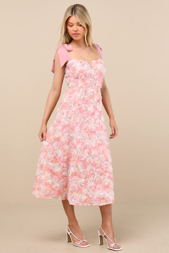 Tarina Pink Multi 3D Rosette Tie-Strap Midi Dress Dress - EJIACHE