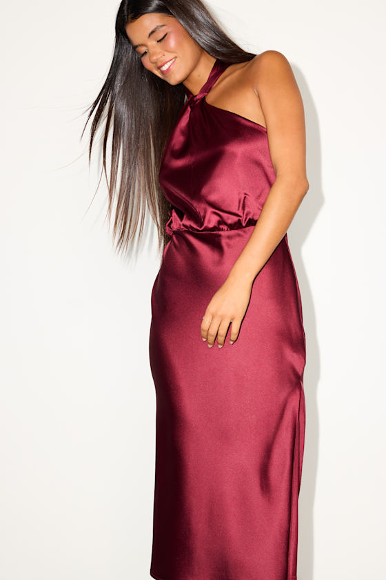 Jacey Burgundy Satin Halter Midi Dress Dress - EJIACHE