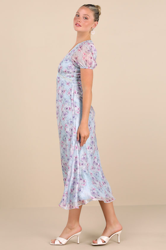 Darcy Light Blue Floral Puff Sleeve Midi Dress Dress - EJIACHE