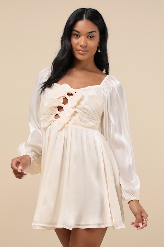 Playful Delight Champagne Bow-Front Long Sleeve Mini Dress Dress - EJIACHE