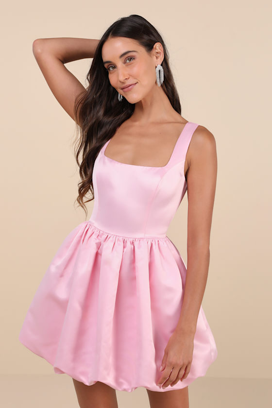 Regal Cutie Light Pink Satin Square Neck Bubble-Hem Mini Dress Dress - EJIACHE