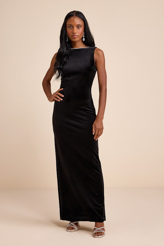 Barisan Black Velvet Rhinestone Bow Backless Maxi Dress Dress - EJIACHE