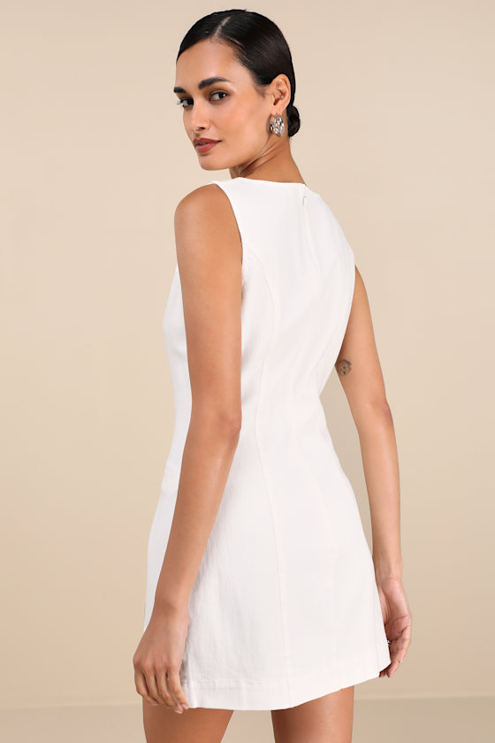 Cataleya White Denim Boat Neck Mini Dress Dress - EJIACHE