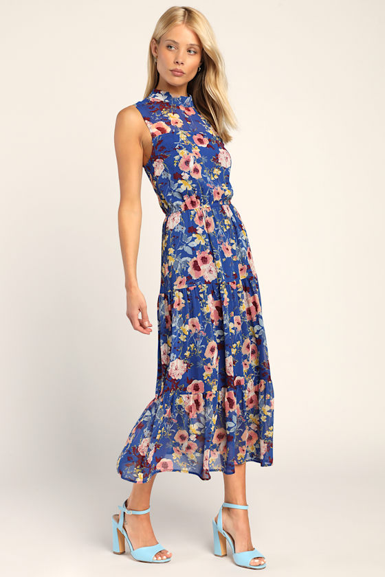 In My Dreams Blue Floral Print Midi Dress Dress - EJIACHE
