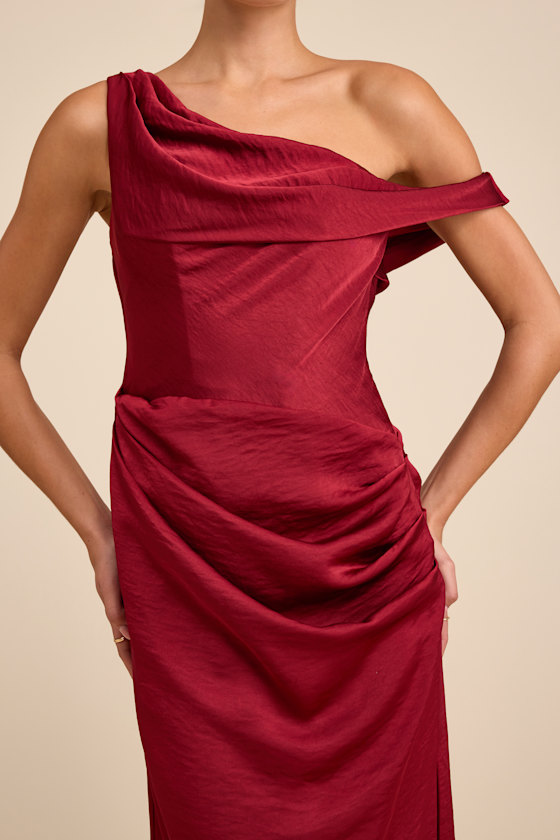 Aviana Dark Red Satin Asymmetrical Maxi Dress Dress - EJIACHE