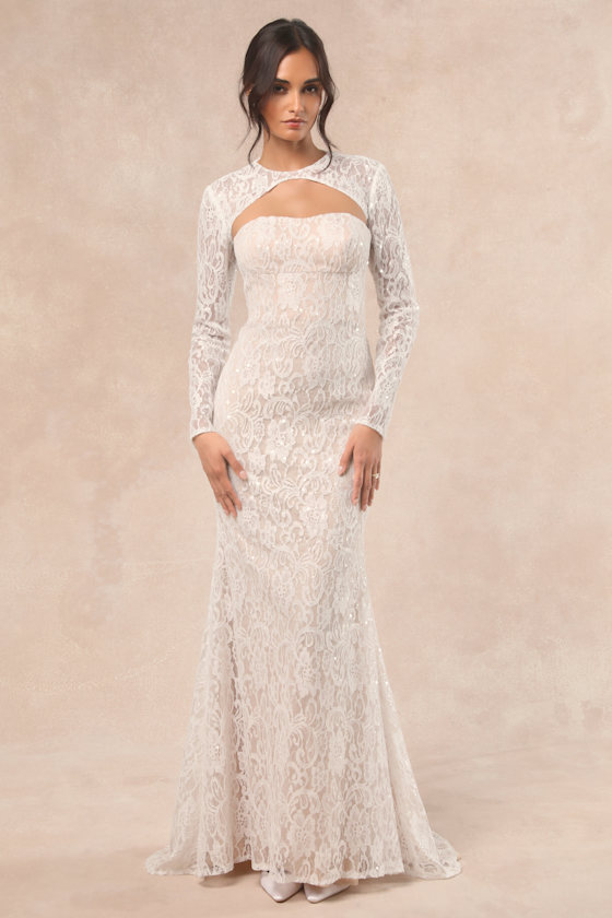 Neska White and Beige Lace Maxi Dress and Shrug Set Dress - EJIACHE