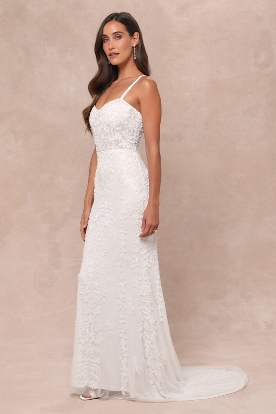 Momentous Love White Beaded Bustier Mesh Mermaid Maxi Dress Dress - EJIACHE