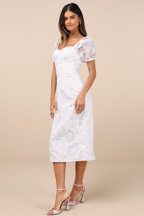 Odetta White Burnout Puff Sleeve Lace-Up Midi Dress Dress - EJIACHE