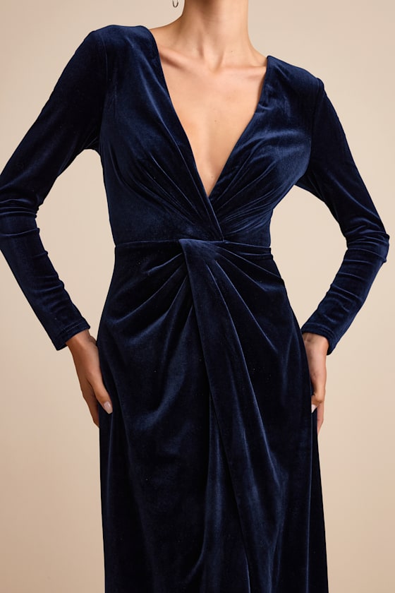 Angelina Navy Velvet Twist-Front Maxi Dress Dress - EJIACHE