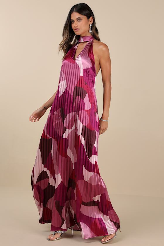 Prime Poise Pink Multi Abstract Satin Halter Maxi Dress Dress - EJIACHE