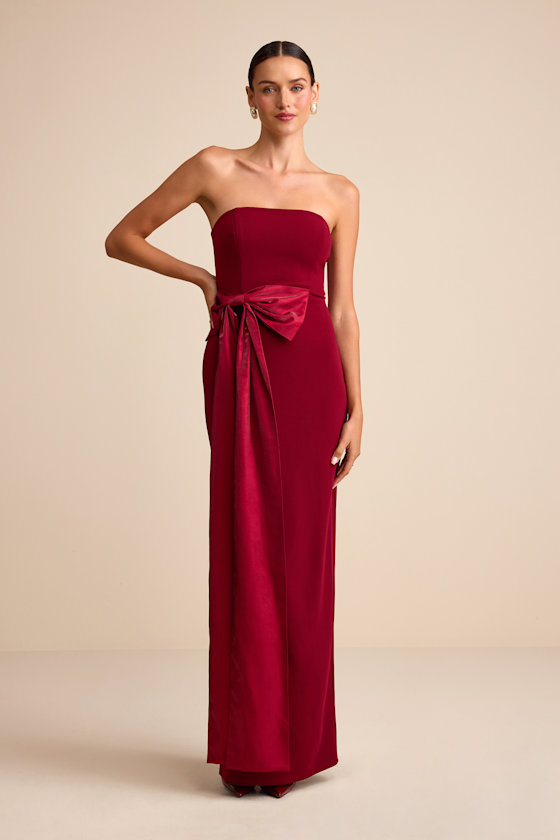 Marvelous Vision Red Strapless Bow Column Maxi Dress Dress - EJIACHE