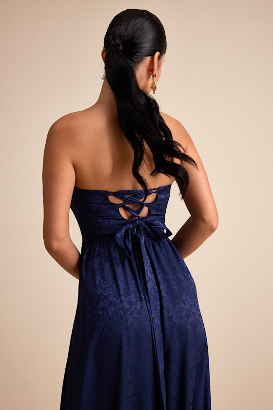 Venita Navy Floral Jacquard Satin Bustier Maxi Dress Dress - EJIACHE