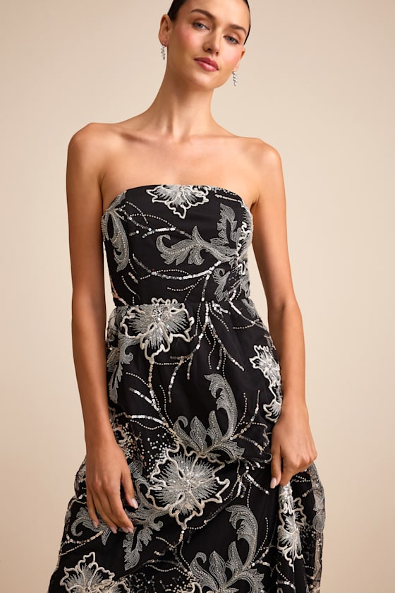 Tisdale Black and Silver Embroidered Strapless Maxi Dress Dress - EJIACHE