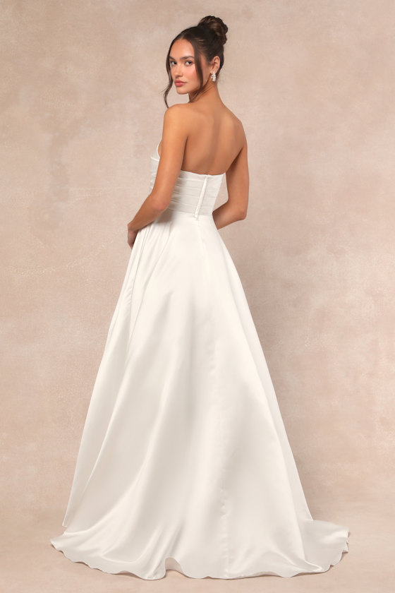 Khalida White Satin Pleated Strapless Gown Dress - EJIACHE