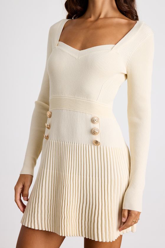 Chicest Crush Ivory Ribbed Long Sleeve Mini Sweater Dress Dress - EJIACHE