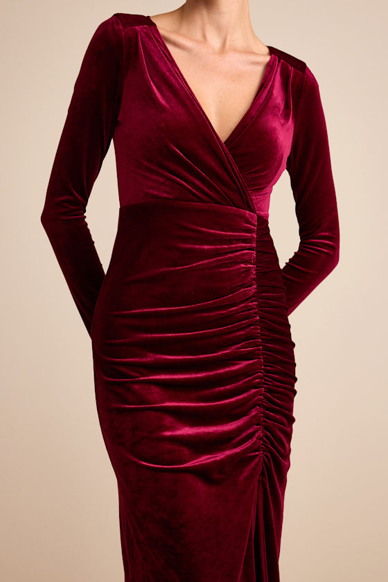 Yasna Burgundy Velvet Ruched Surplice Long Sleeve Maxi Dress Dress - EJIACHE