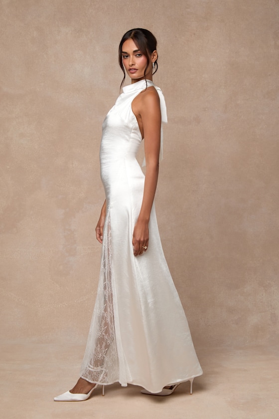 Concetta Ivory Satin Lace Halter Maxi Dress Dress - EJIACHE