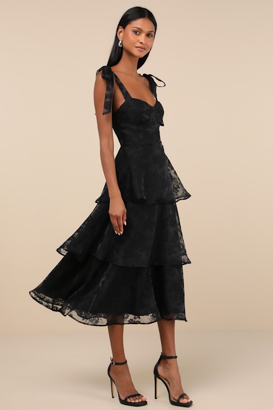 Glamorous Sweetie Black Burnout Tie-Strap Bustier Midi Dress Dress - EJIACHE