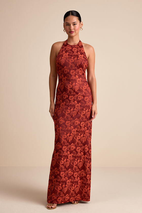 Alaria Rust Satin Jacquard Halter Neck Maxi Dress Dress - EJIACHE