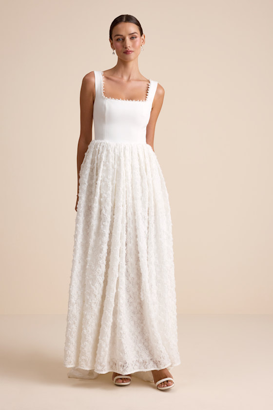 Ellsworth Ivory Mixed-Media Pearl A-Line Maxi Dress Dress - EJIACHE
