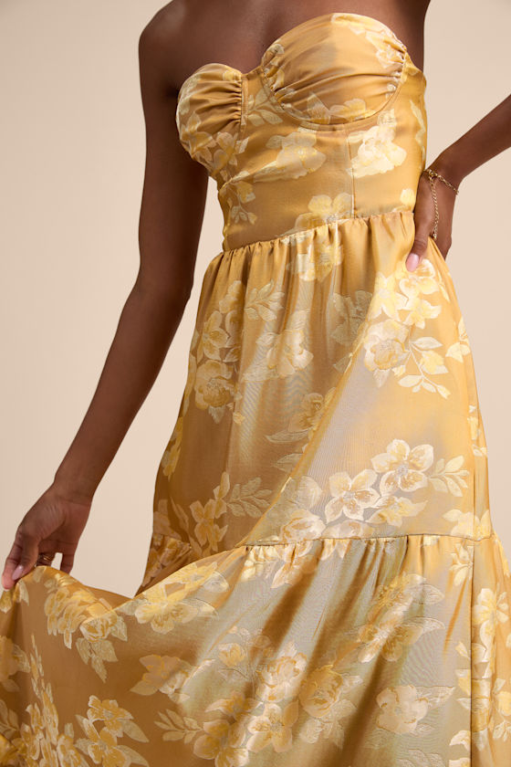 Petrina Golden Yellow Floral Jacquard Strapless Maxi Dress Dress - EJIACHE