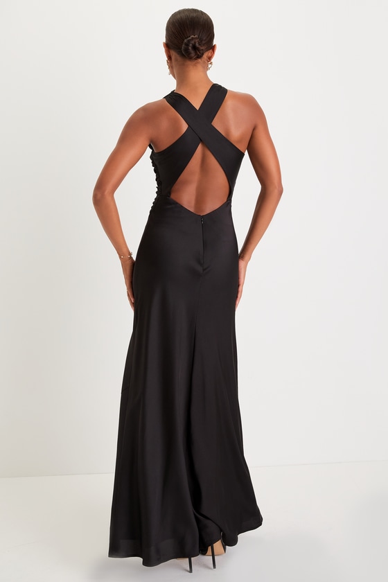 Effortlessly Sensational Black Satin Backless Maxi Dress Dress - EJIACHE