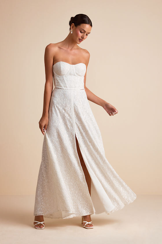 Eldoria White Lace Strapless Bustier Maxi Dress Dress - EJIACHE