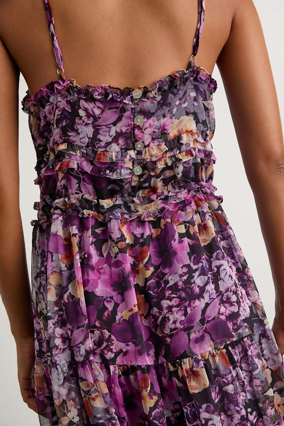 Dayah Purple Floral Ruffled Tiered Midi Dress Dress - EJIACHE