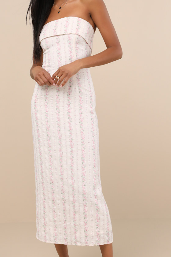 Cosetta Ivory Floral Strapless Midi Dress Dress - EJIACHE
