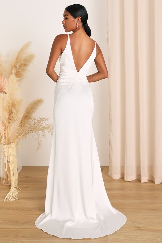 Polished Perfection White Satin Sleeveless Mermaid Maxi Dress Dress - EJIACHE
